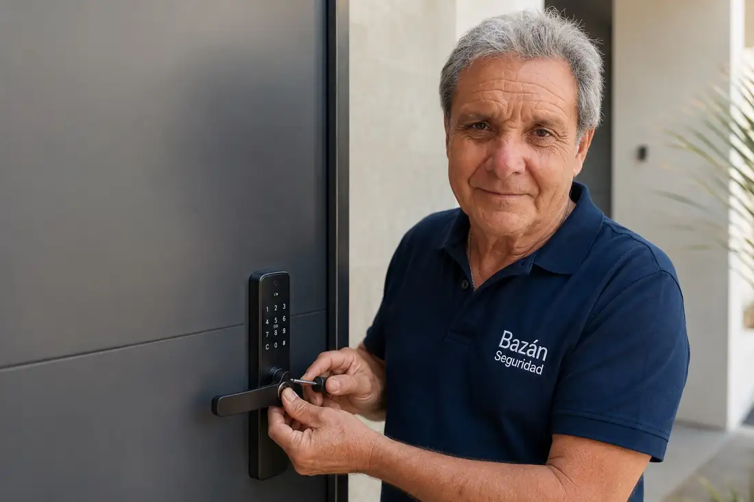 Carlos Bazán, fundador de Bazán Seguridad, trabajando sobre una cerradura digital