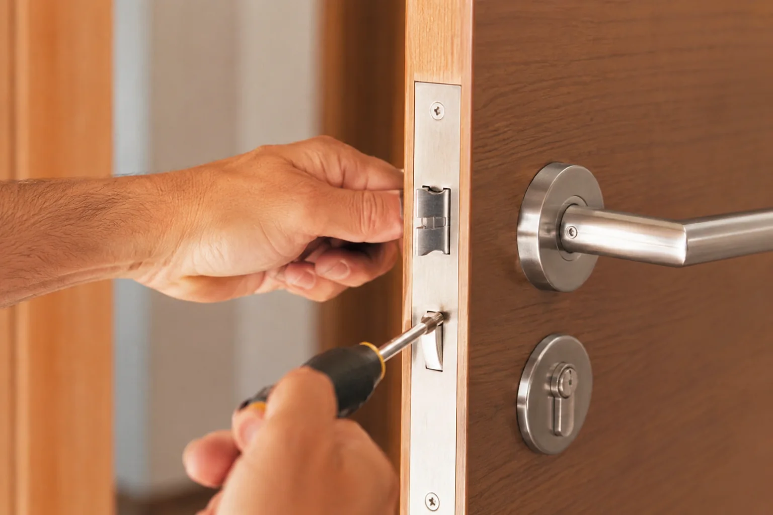 Cerrajero trabajando en la cerradura de una vivienda
