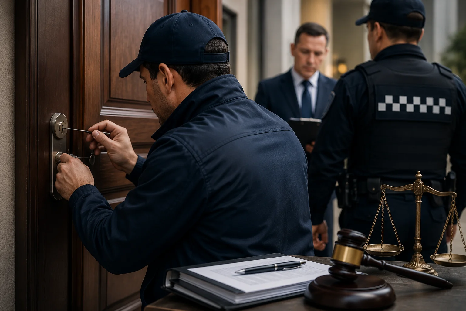 Cerrajero trabajando durante una apertura judicial